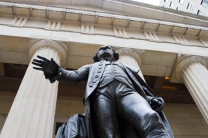 The statue of George Washington at the Federal Hall in the financial district of downtown Manhattan, New York